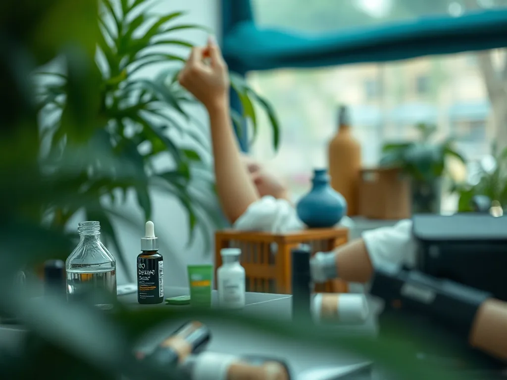 Plusieurs produits de la gamme Bio Beauté by Nuxe disposés sur une surface en bois clair, avec des feuilles vertes en