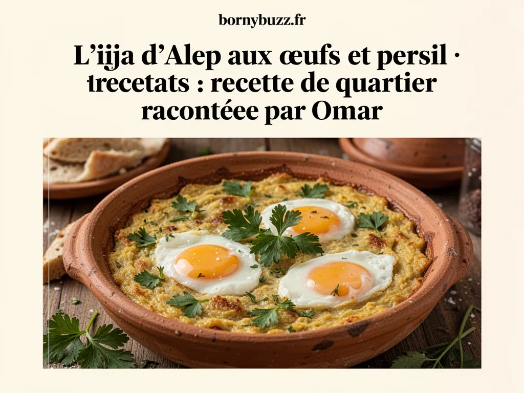 Une poêle en fonte où mijote une ijja dorée, parsemée de persil frais et de poivrons verts, posée sur un plan de travail en