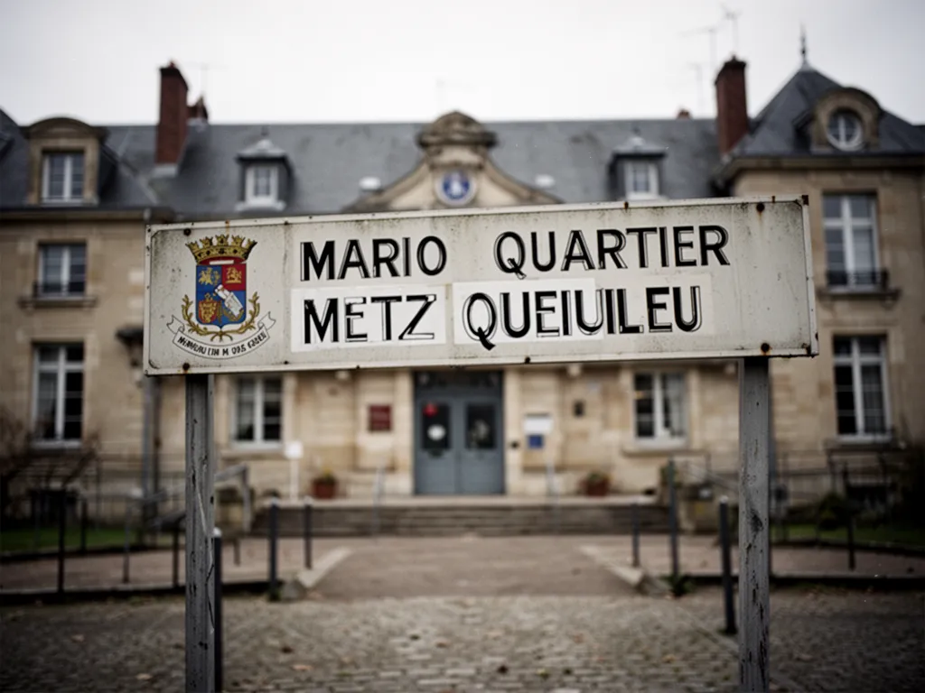 Façade de la mairie de quartier de Plantières-Queuleu, rue du Roi Albert à Metz, avec un petit parterre fleuri et le panneau